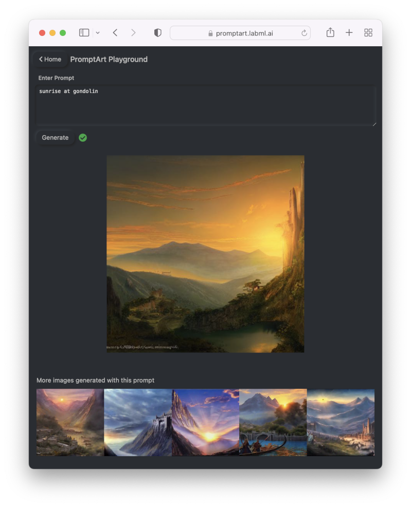 Screenshot of the generate page of PromptArt